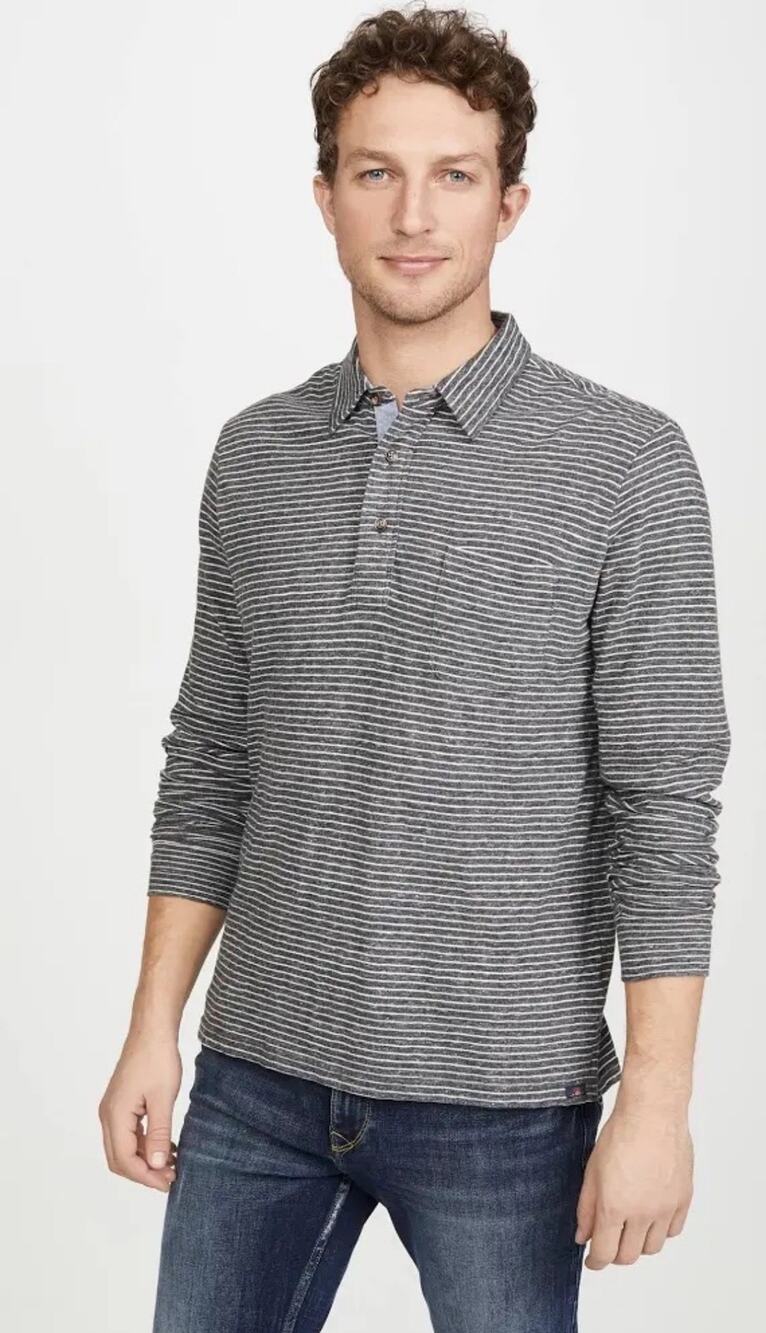 FAHERTY Men's Luxe Heather Long Sleeve Polo in Cloud Gray Stripe MKF1984